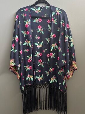 Sweet Rain for Anthropologie Black Floral Fringe Kimono